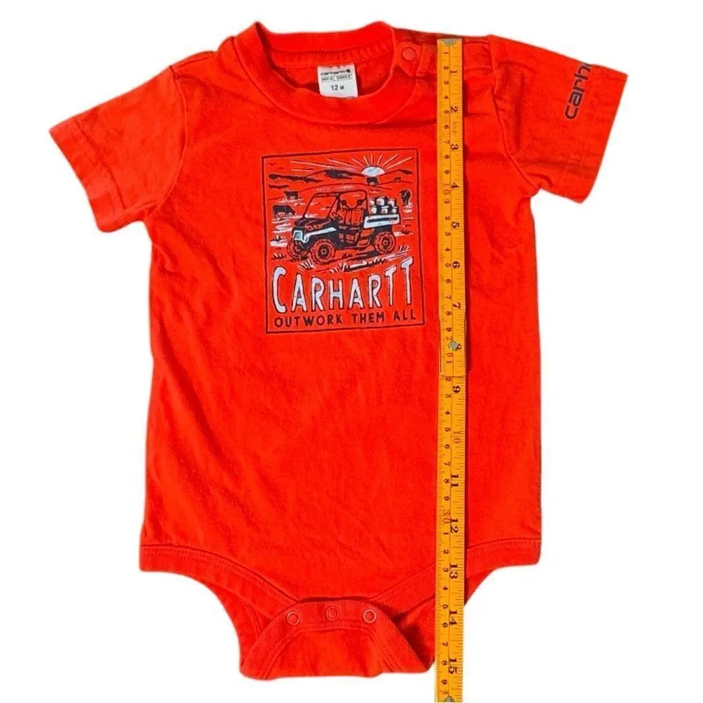 Carhartt Baby Kids Short Sleeve Orange Graphic Logo Onesie Bodysuit. 12 Months.
